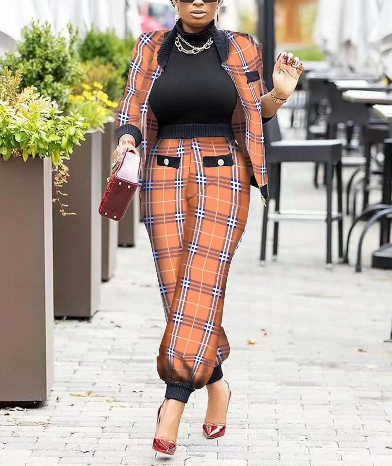 SOMTHRON Womens Houndstooth Print 2 Piece Outfit Zip Up Long Sleeve Jacket Long Pants Set Work Suits Tracksuit