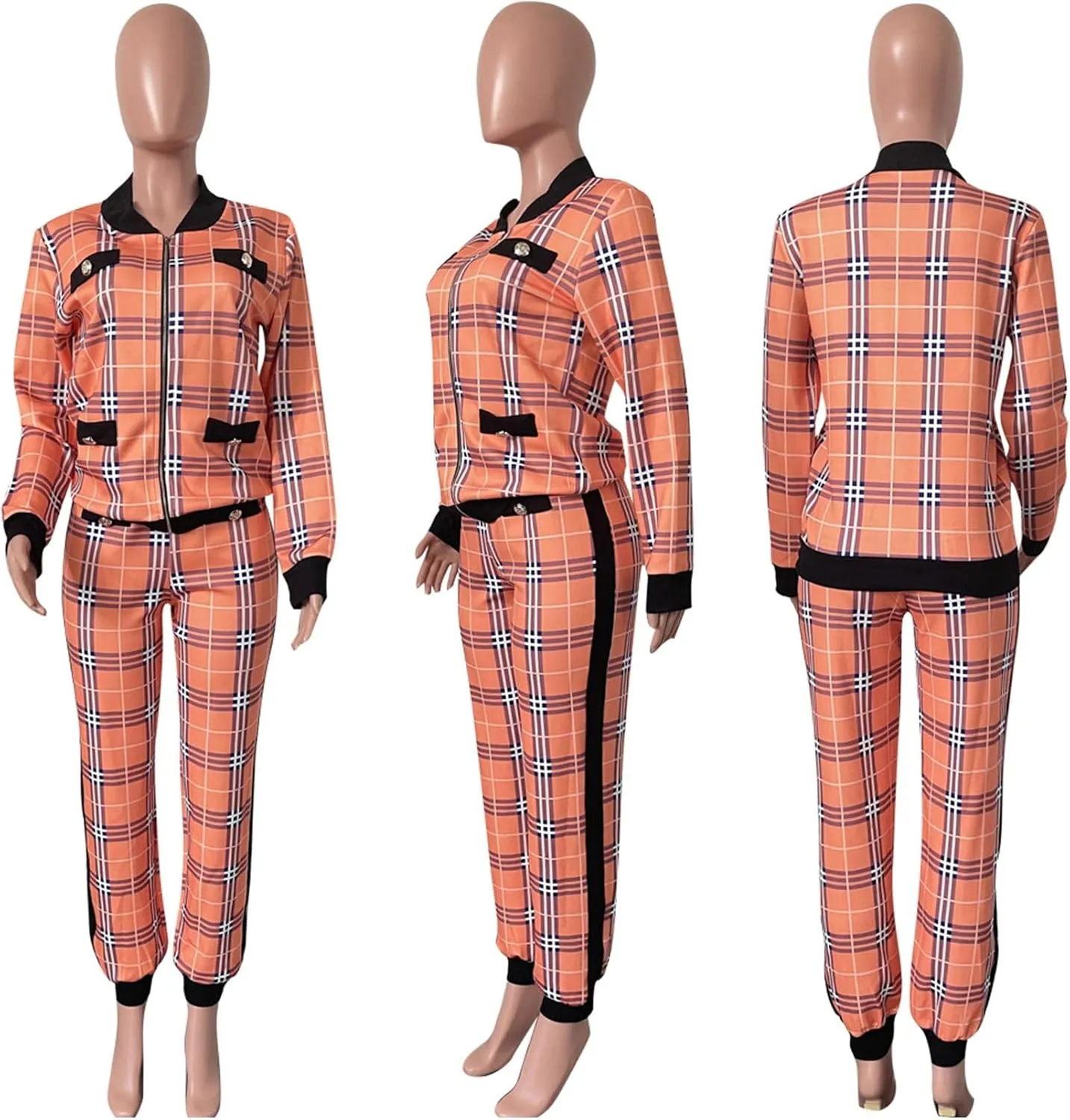 SOMTHRON Womens Houndstooth Print 2 Piece Outfit Zip Up Long Sleeve Jacket Long Pants Set Work Suits Tracksuit