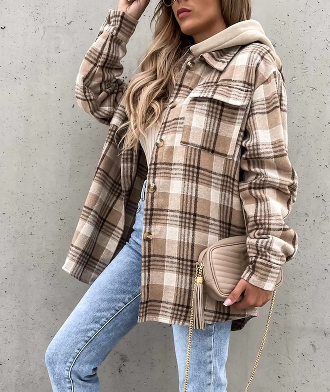 SOMTHRON Women's Oversized Hoodie Plaid Flannel Shirt Jacket Long Sleeve Button Down Boyfriend Fall Shacket Coats