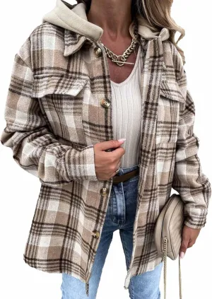 SOMTHRON Women's Oversized Hoodie Plaid Flannel Shirt Jacket Long Sleeve Button Down Boyfriend Fall Shacket Coats