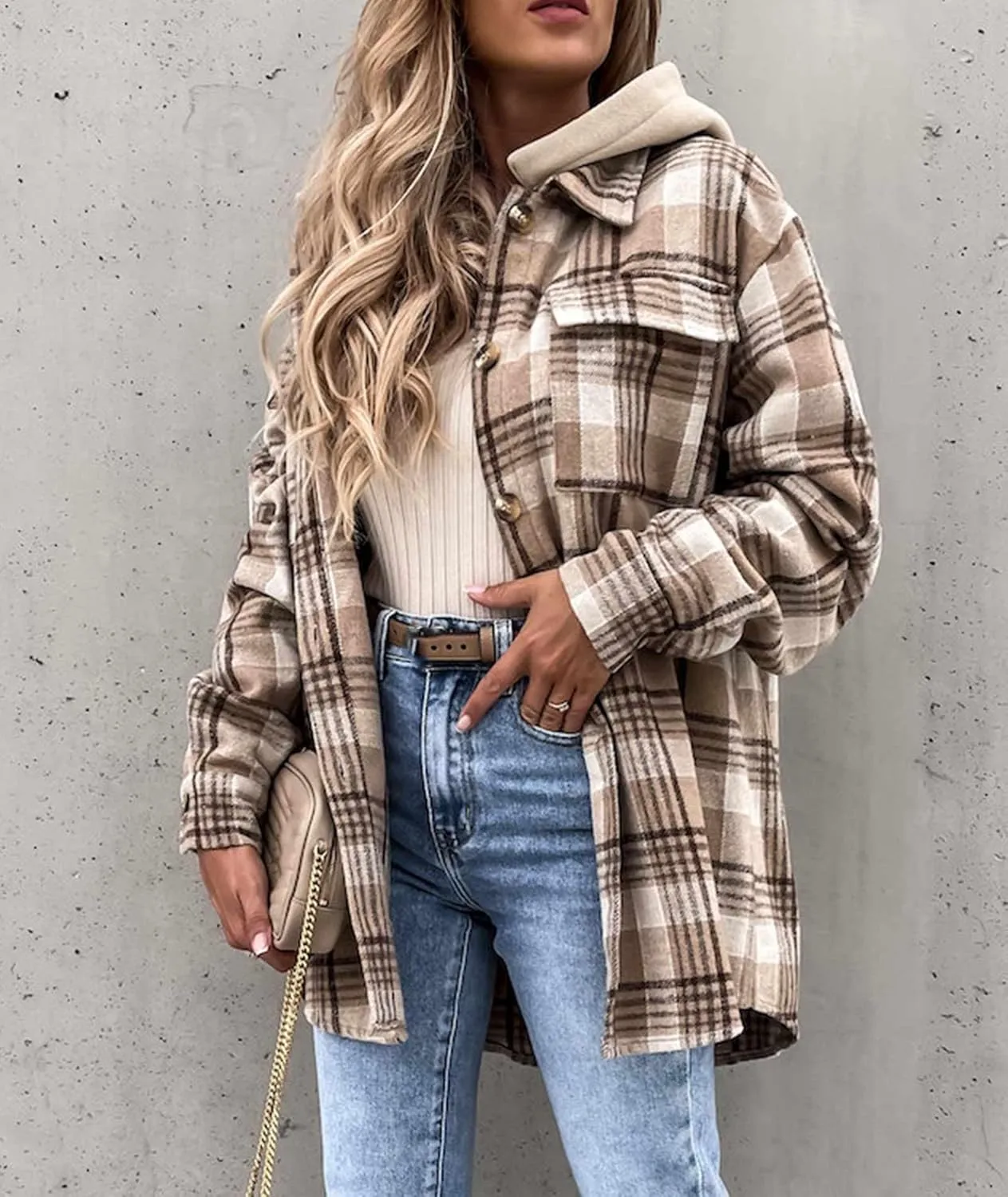 SOMTHRON Women's Oversized Hoodie Plaid Flannel Shirt Jacket Long Sleeve Button Down Boyfriend Fall Shacket Coats