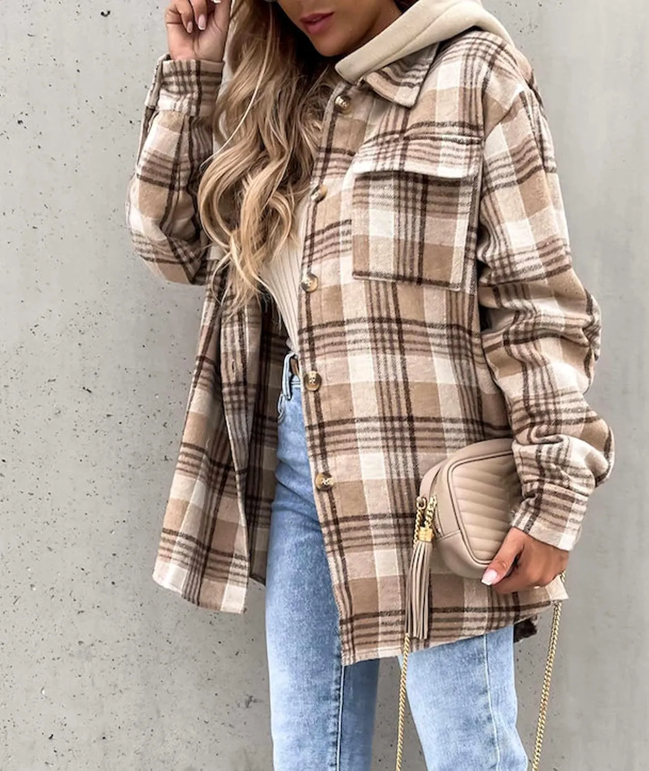 SOMTHRON Women's Oversized Hoodie Plaid Flannel Shirt Jacket Long Sleeve Button Down Boyfriend Fall Shacket Coats