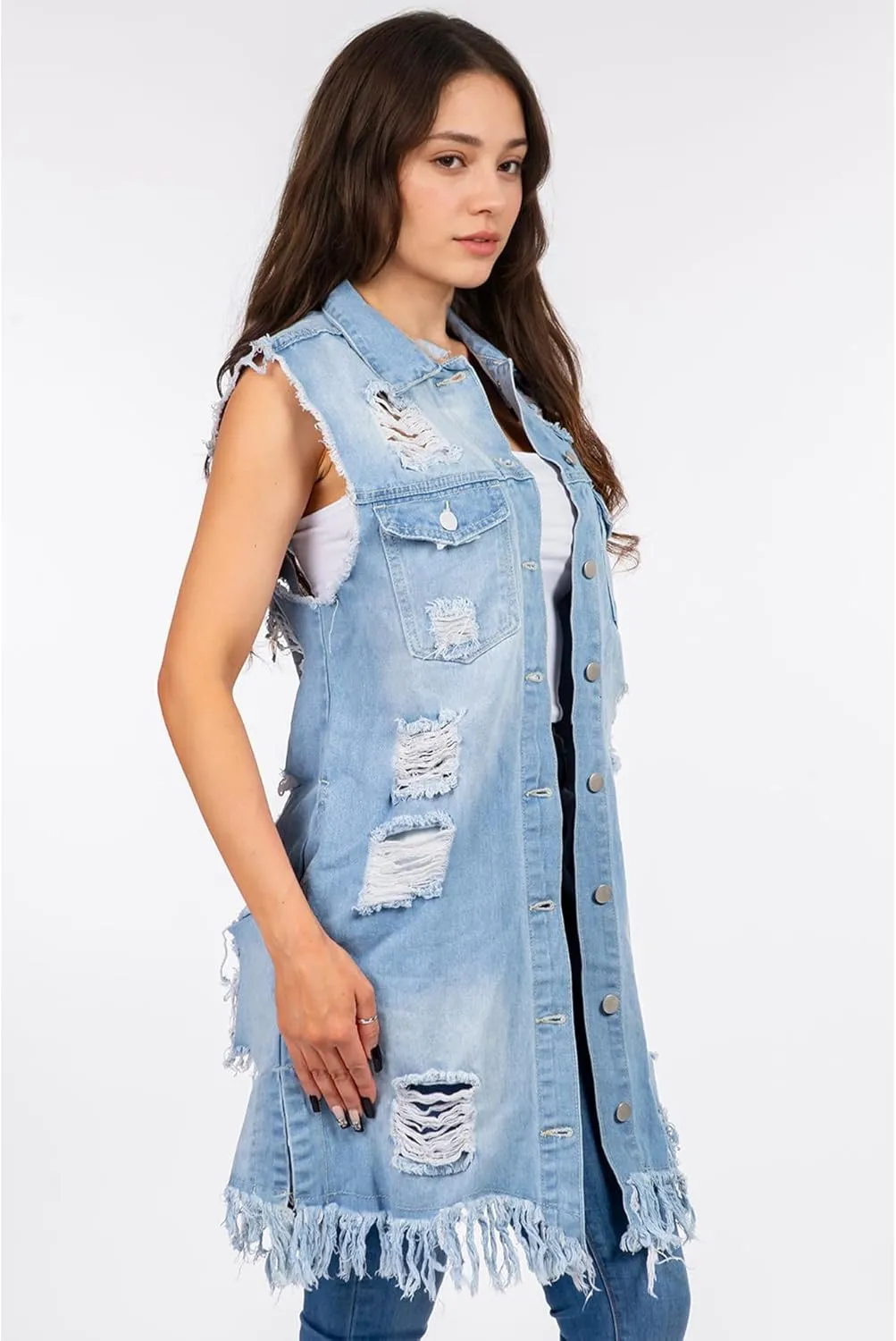 Songling Women's Distressed Ripped Sleeveless Mid Long Denim Jacket Jean Vest Cardigan Coats