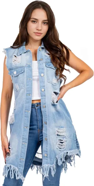 Songling Women's Distressed Ripped Sleeveless Mid Long Denim Jacket Jean Vest Cardigan Coats