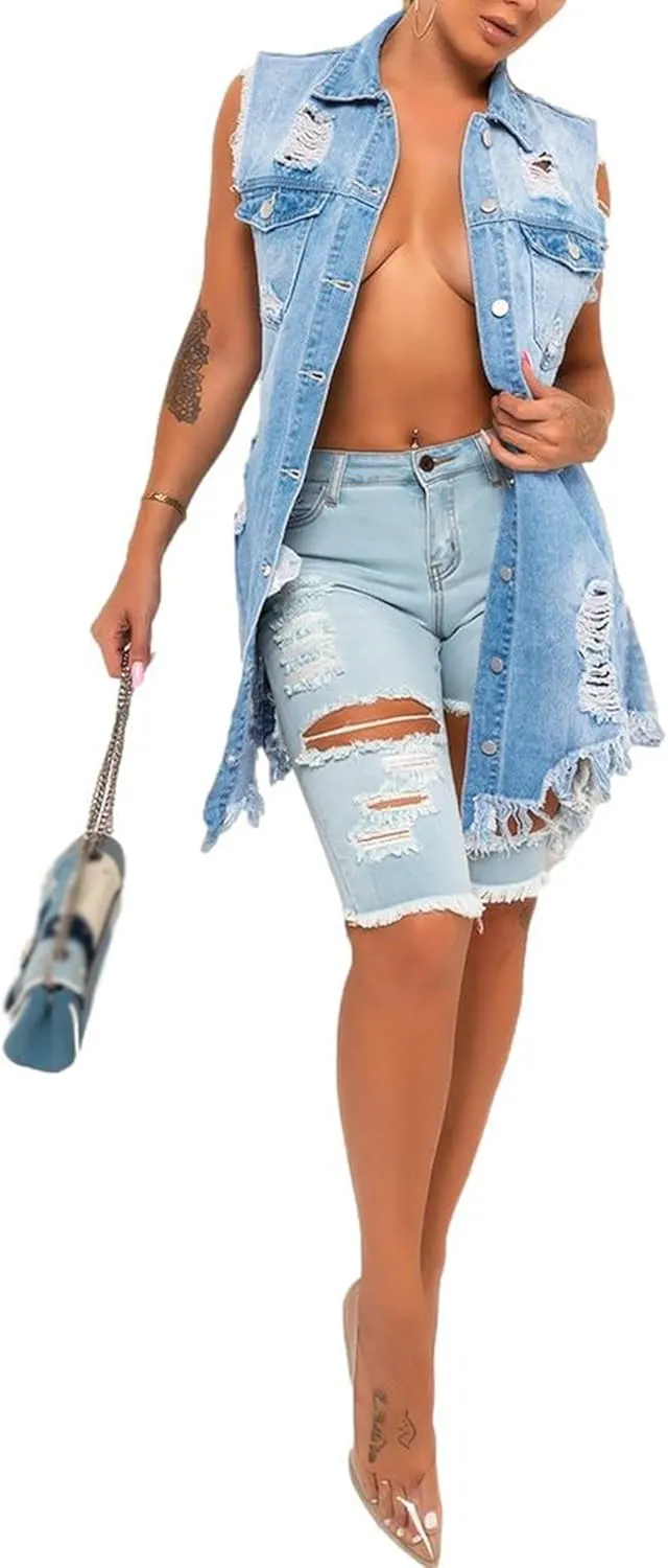 Songling Women's Distressed Ripped Sleeveless Mid Long Denim Jacket Jean Vest Cardigan Coats