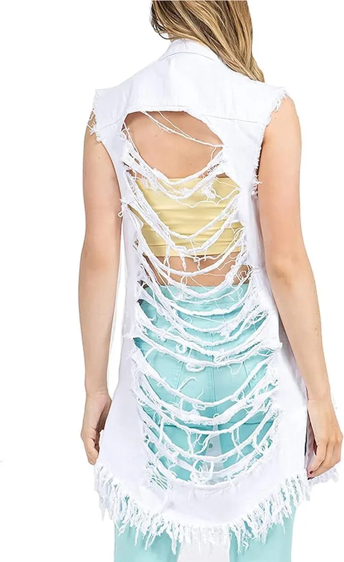 Songling Women's Distressed Ripped Sleeveless Mid Long Denim Jacket Jean Vest Cardigan Coats