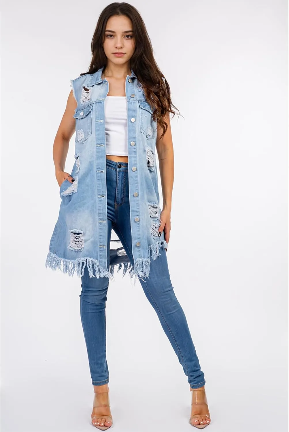 Songling Women's Distressed Ripped Sleeveless Mid Long Denim Jacket Jean Vest Cardigan Coats