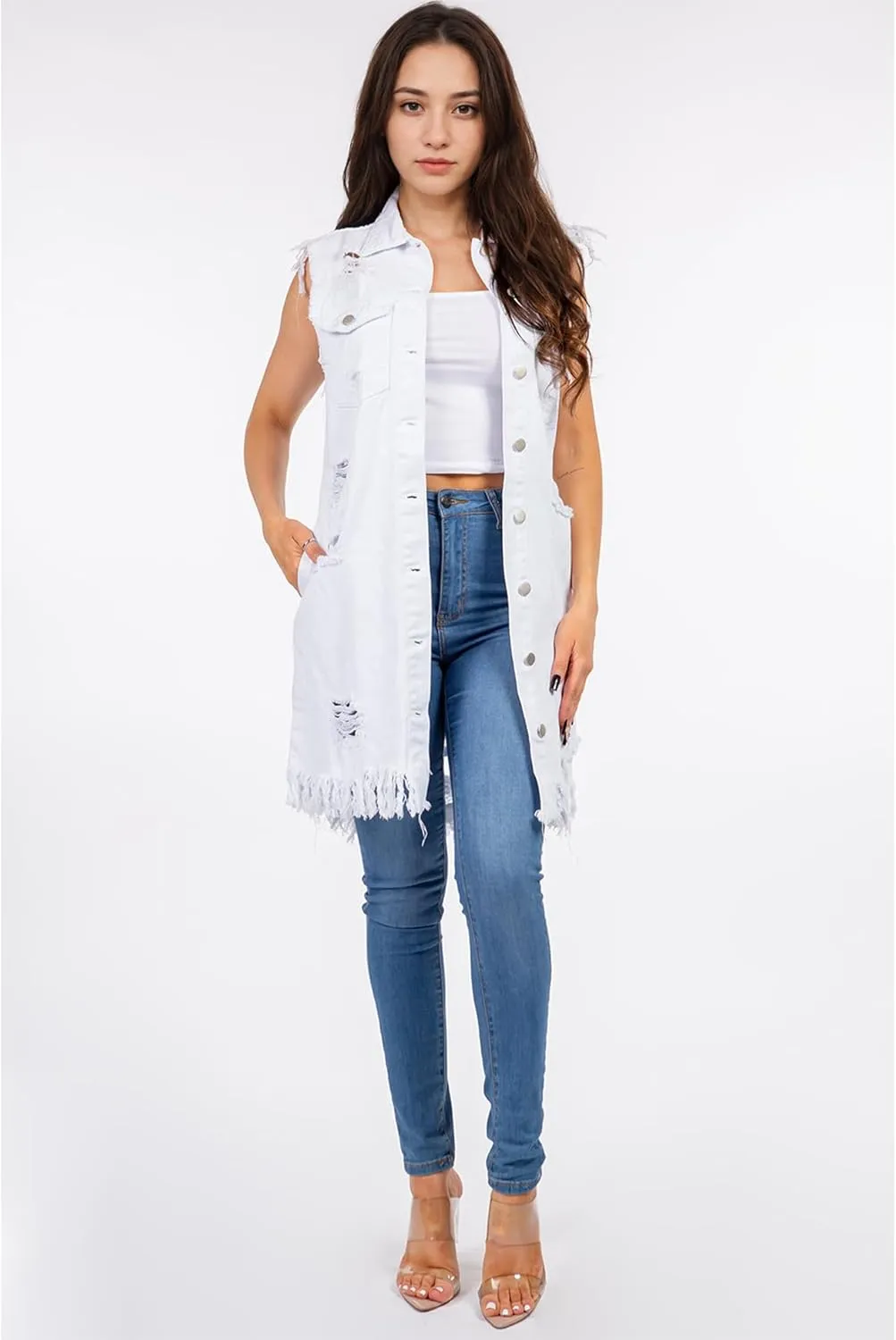 Songling Women's Distressed Ripped Sleeveless Mid Long Denim Jacket Jean Vest Cardigan Coats