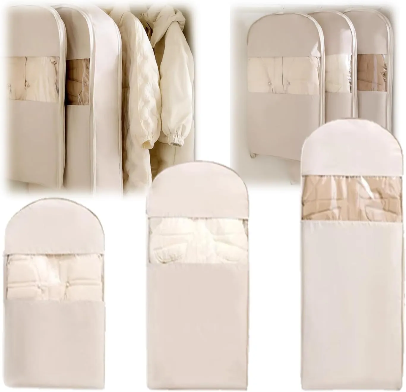 Space Saving Hanging Garment Bag with Self Compression Zipper,2025 Space Saver Closet Organizers,Dust Cover Clothes Bags for Down (Beige D)