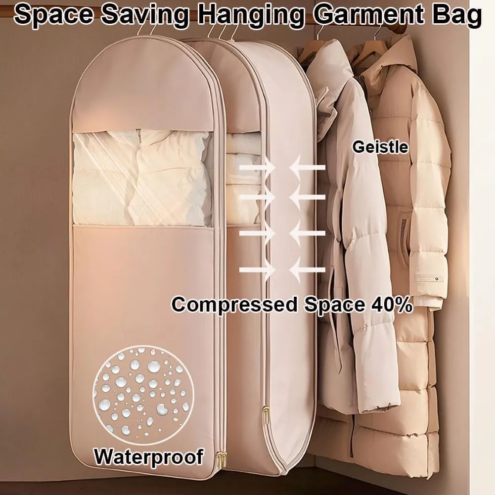 Space Saving Hanging Garment Bag with Self Compression Zipper,2025 Space Saver Closet Organizers,Dust Cover Clothes Bags for Down (Pink A)