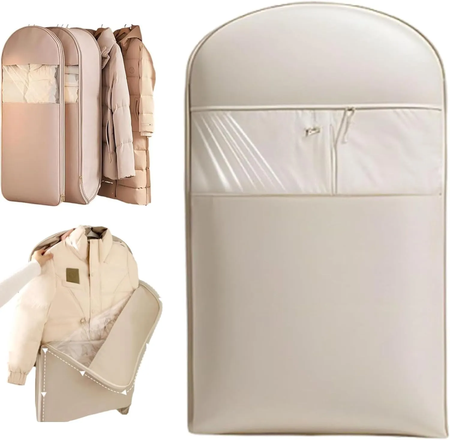 Space Saving Hanging Garment Bag with Self Compression Zipper,Space Saver Closet Organizers,Compression Hanging Garment Bag,Dust Cover Clothes Bags for Down Coat,For Closet Storage (beige, M)