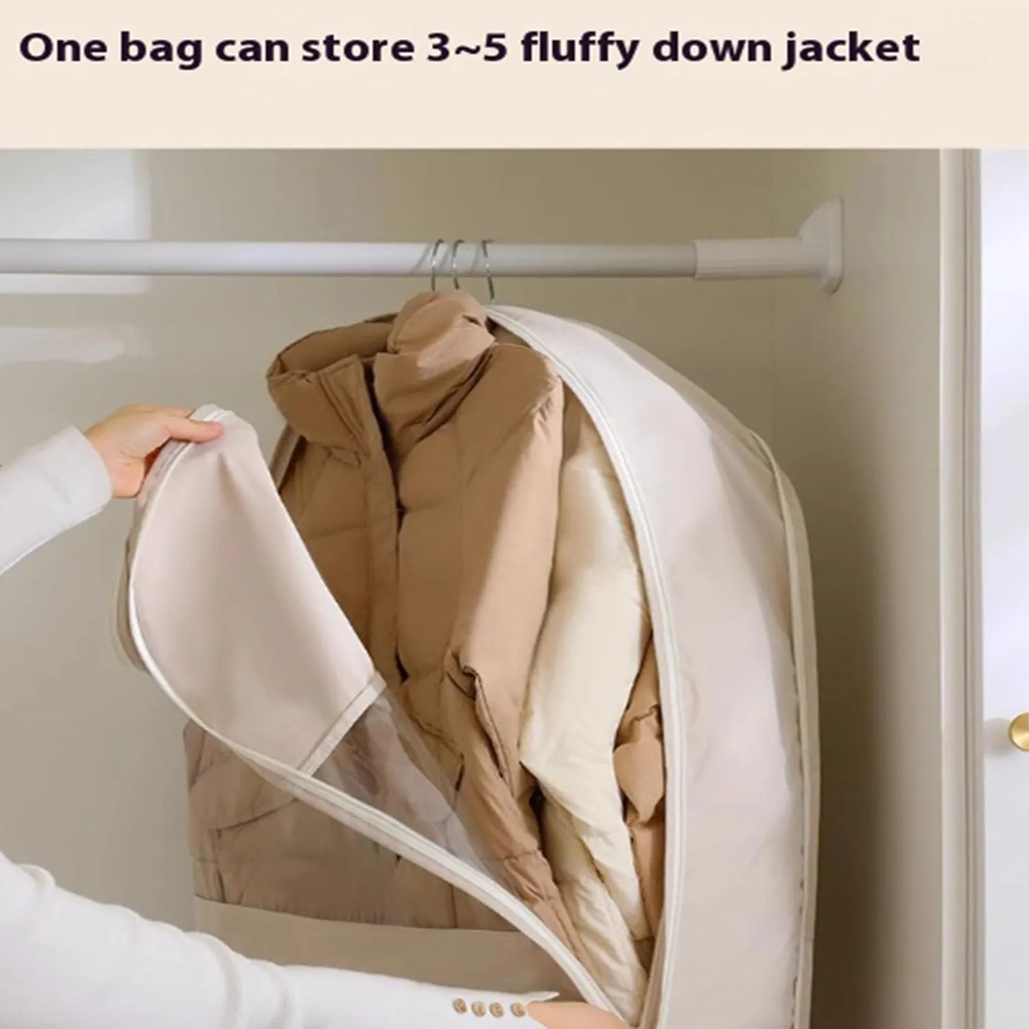 Space Saving Hanging Garment Bag with Self Compression Zipper,Space Saver Closet Organizers,Compression Hanging Garment Bag,Dust Cover Clothes Bags for Down Coat,For Closet Storage (beige, M)