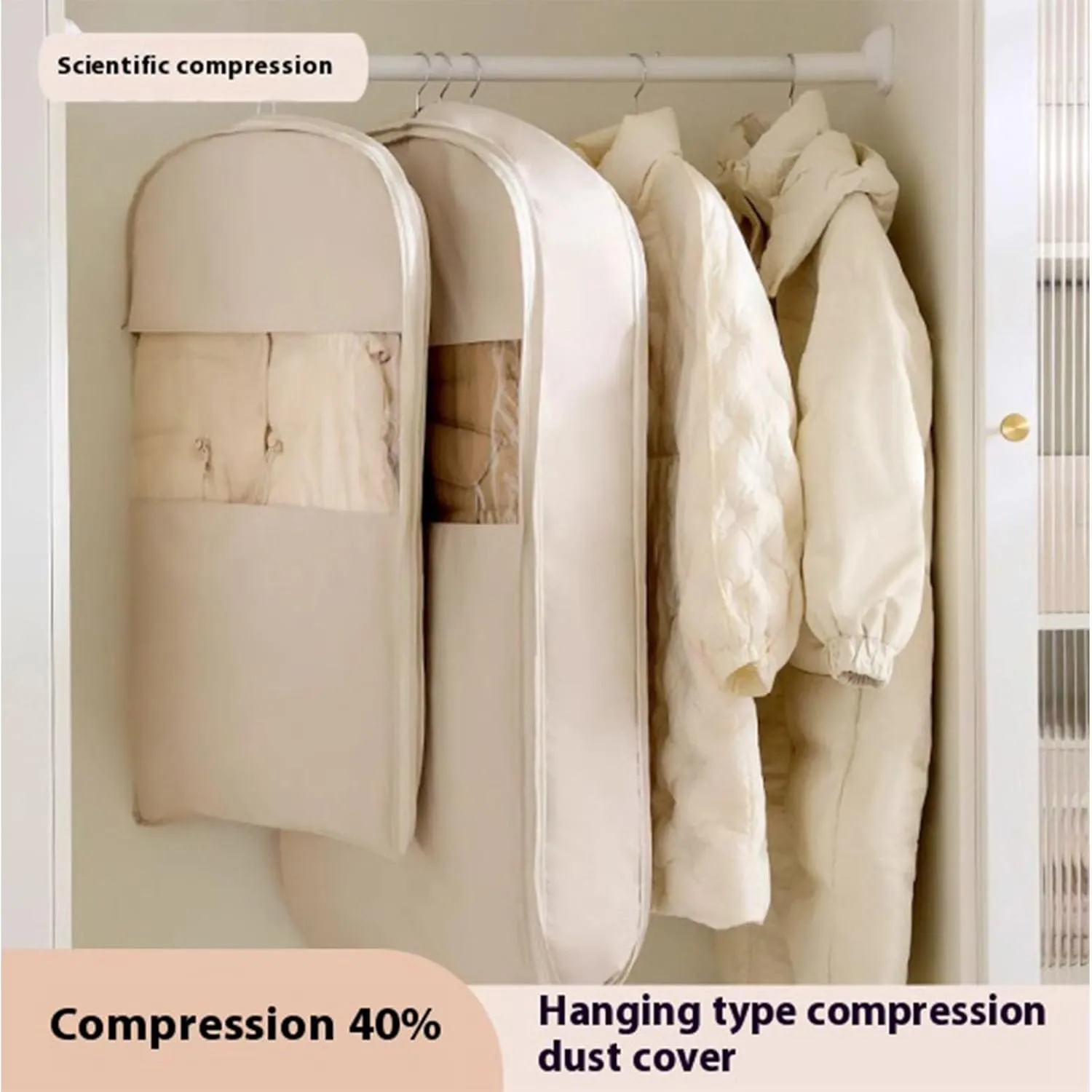 Space Saving Hanging Garment Bag with Self Compression Zipper,Space Saver Closet Organizers,Compression Hanging Garment Bag,Dust Cover Clothes Bags for Down Coat,For Closet Storage (beige, M)