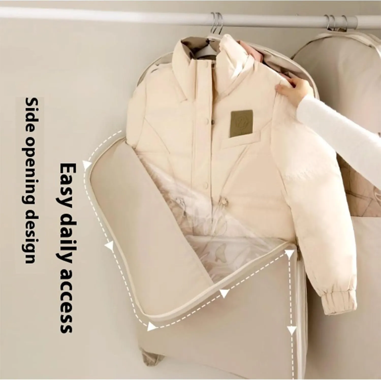Space Saving Hanging Garment Bag with Self Compression Zipper,Space Saver Closet Organizers,Compression Hanging Garment Bag,Dust Cover Clothes Bags for Down Coat,For Closet Storage (beige, M)