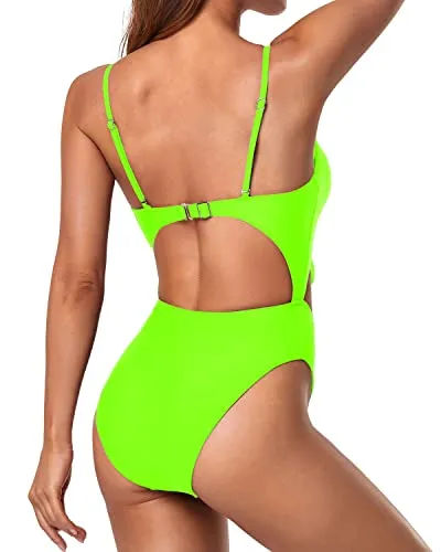 Spaghetti Strap Adjustable Tie Knot Front V Neck 1 Piece Swimsuits-Neon Green