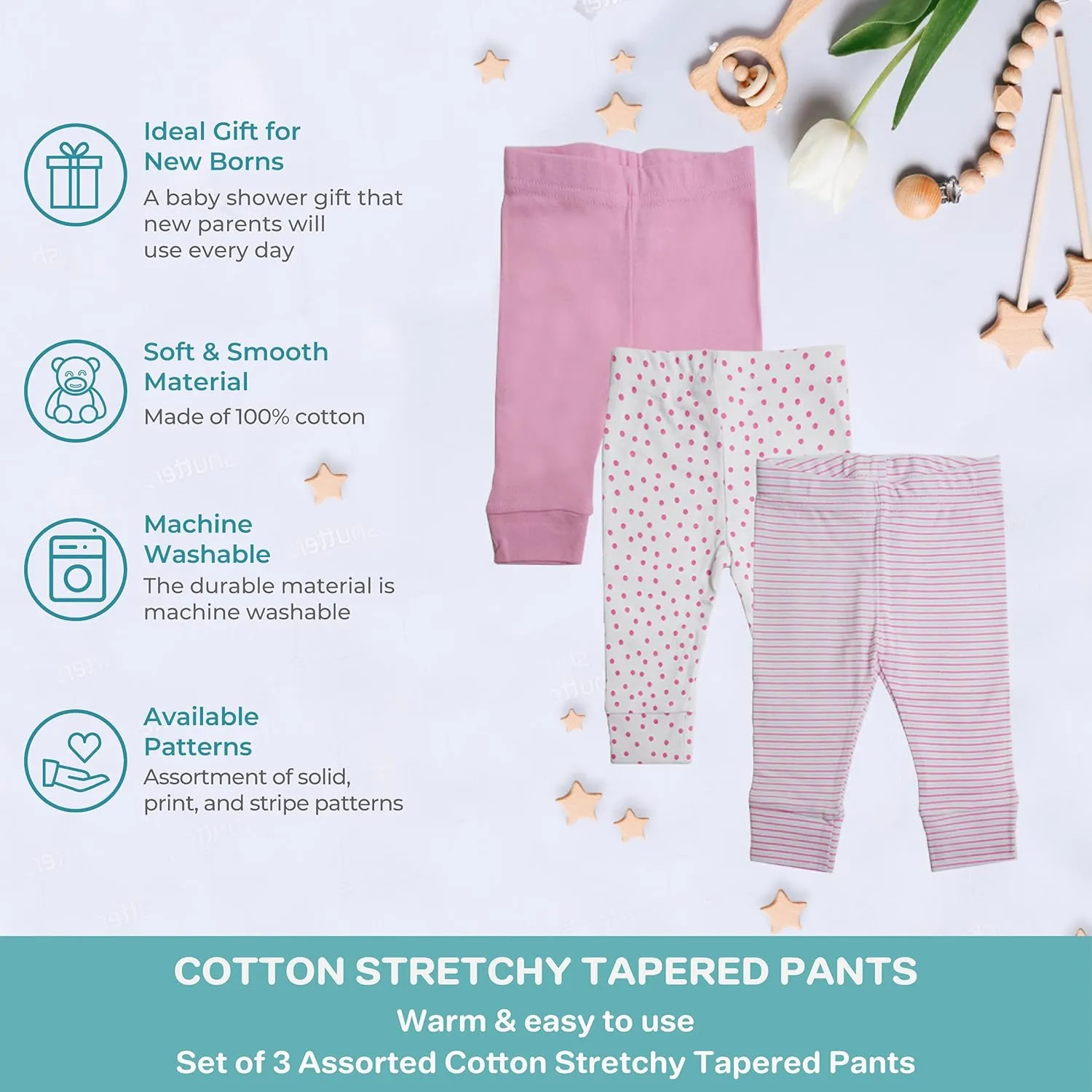 Spasilk Baby Cotton Pants for Newborns and Infants, Tapered, 3 Pack