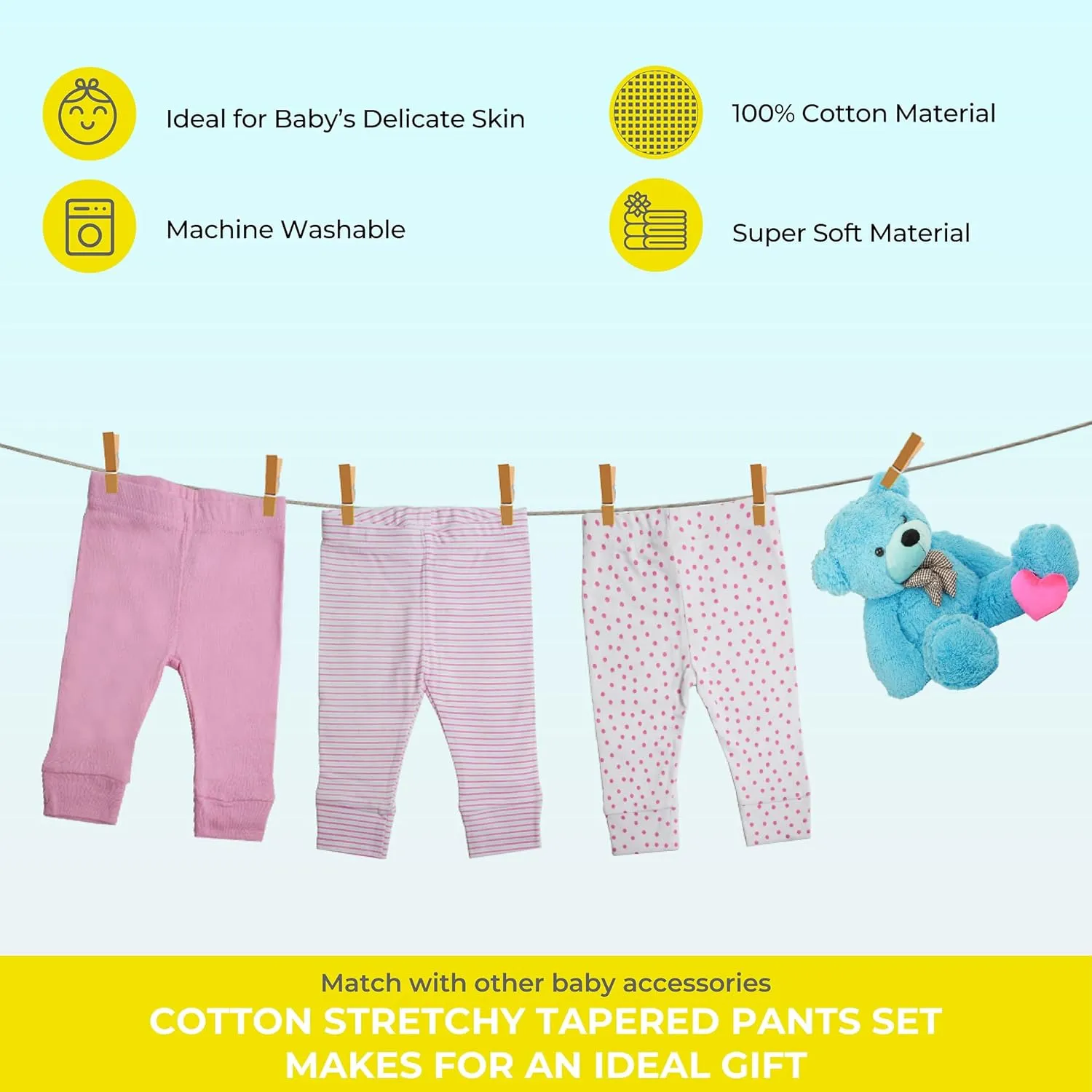 Spasilk Baby Cotton Pants for Newborns and Infants, Tapered, 3 Pack