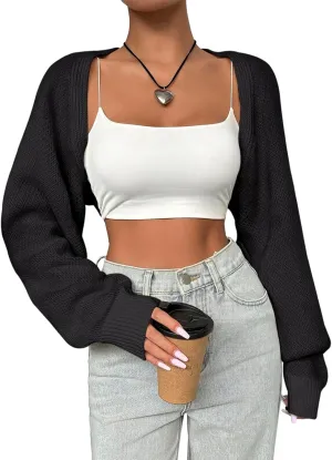 SPR&JOY Womens Bolero Shrug Sweaters, Knitted Open Front Long Sleeve Cropped Tops, Solid Cute Sexy Casual Fashion Cardigans