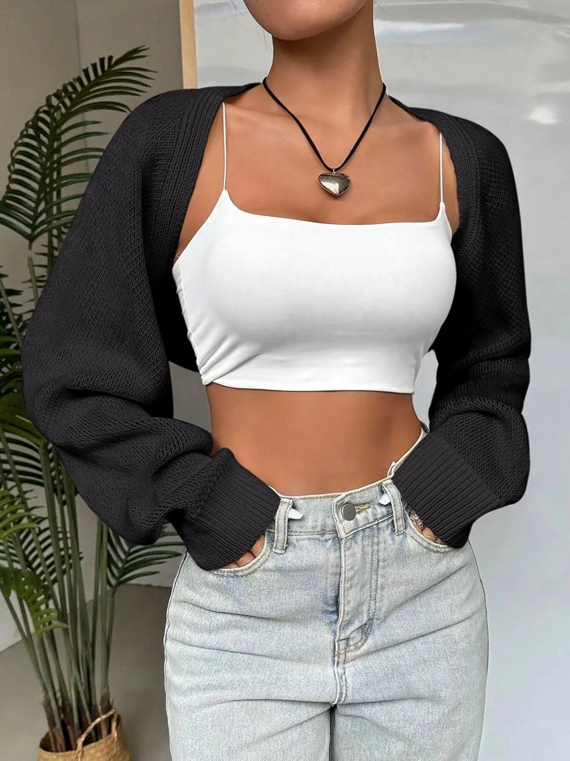 SPR&JOY Womens Bolero Shrug Sweaters, Knitted Open Front Long Sleeve Cropped Tops, Solid Cute Sexy Casual Fashion Cardigans