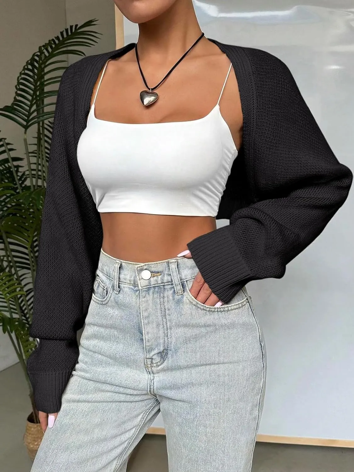 SPR&JOY Womens Bolero Shrug Sweaters, Knitted Open Front Long Sleeve Cropped Tops, Solid Cute Sexy Casual Fashion Cardigans