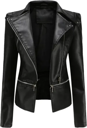 Spring Autumn Motorcycle Faux Leather Jacket Women Casual Leather Coat Female Turn-Down Collar Solid Outwear