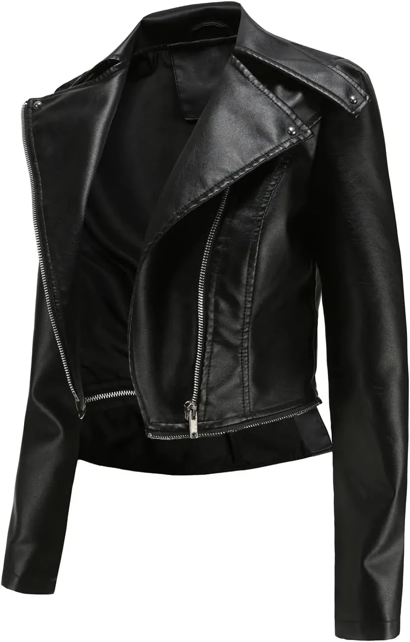 Spring Autumn Motorcycle Faux Leather Jacket Women Casual Leather Coat Female Turn-Down Collar Solid Outwear