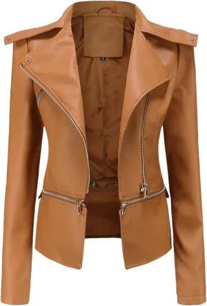 Spring Autumn Motorcycle Faux Leather Jacket Women Casual Leather Coat Female Turn-Down Collar Solid Outwear