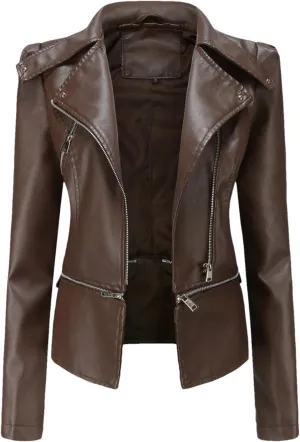 Spring Autumn Motorcycle Faux Leather Jacket Women Casual Leather Coat Female Turn-Down Collar Solid Outwear