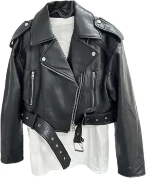 Spring Woman Faux Leather Jacket Chic Vintage Short Lapel Zipper Belt Biker Coats Streetwear Mujer Tops