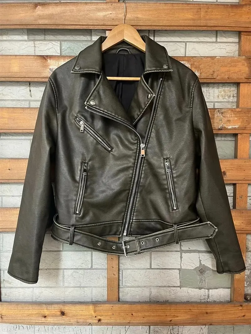 Spring Woman Faux Leather Jacket Chic Vintage Short Lapel Zipper Belt Biker Coats Streetwear Mujer Tops