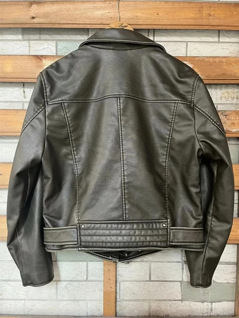 Spring Woman Faux Leather Jacket Chic Vintage Short Lapel Zipper Belt Biker Coats Streetwear Mujer Tops
