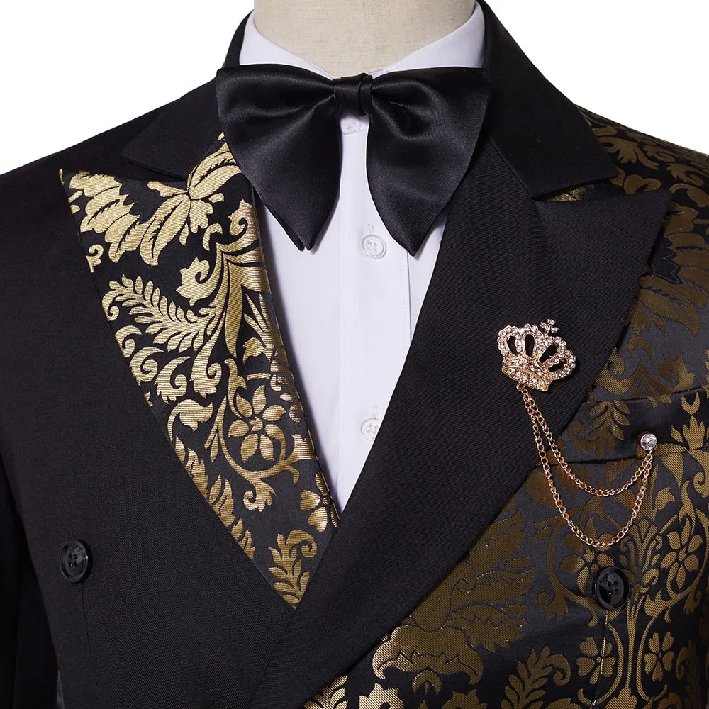 Stephen Double Breasted Gold Floral Jacquard Slim Fit Mens Suits
