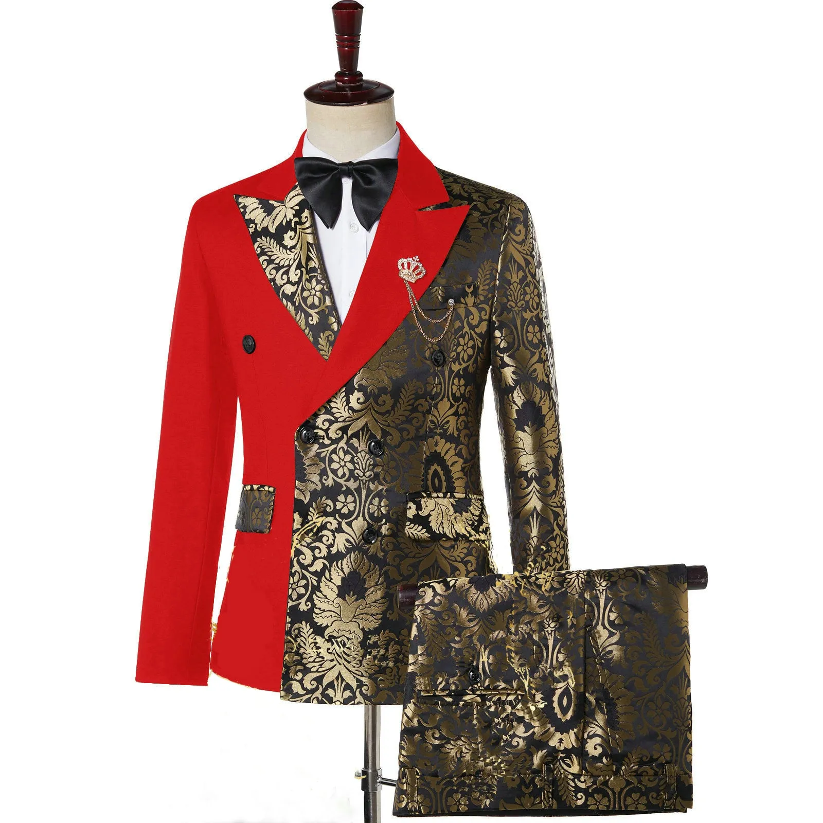 Stephen Double Breasted Gold Floral Jacquard Slim Fit Mens Suits