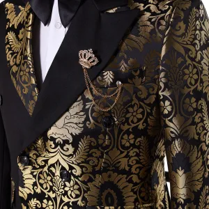 Stephen Double Breasted Gold Floral Jacquard Slim Fit Mens Suits