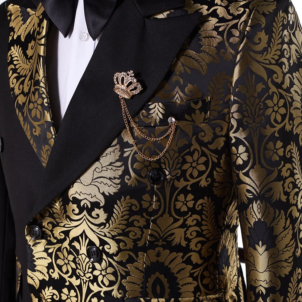 Stephen Double Breasted Gold Floral Jacquard Slim Fit Mens Suits