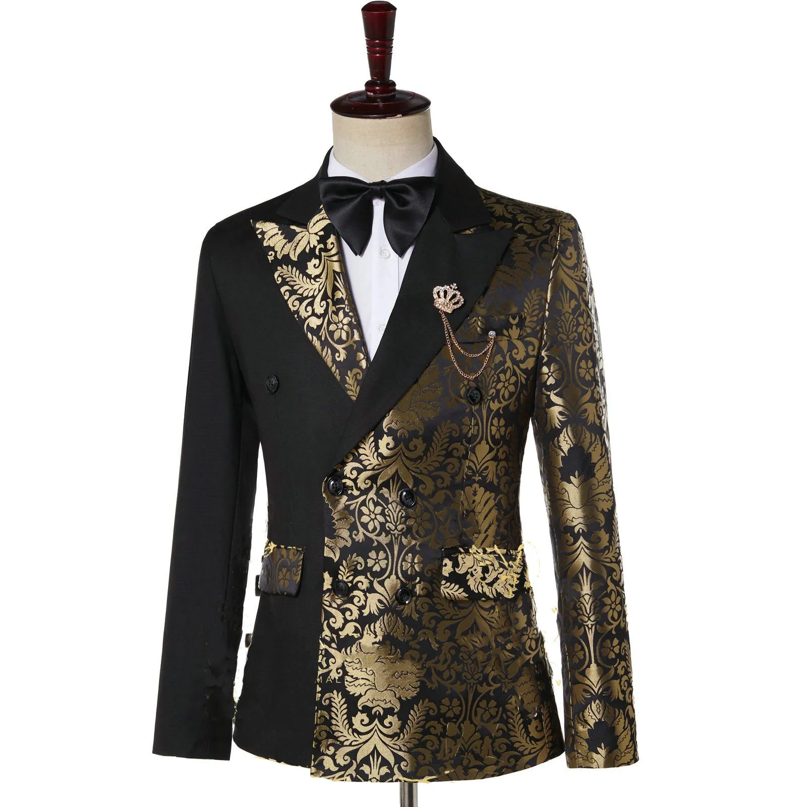 Stephen Double Breasted Gold Floral Jacquard Slim Fit Mens Suits