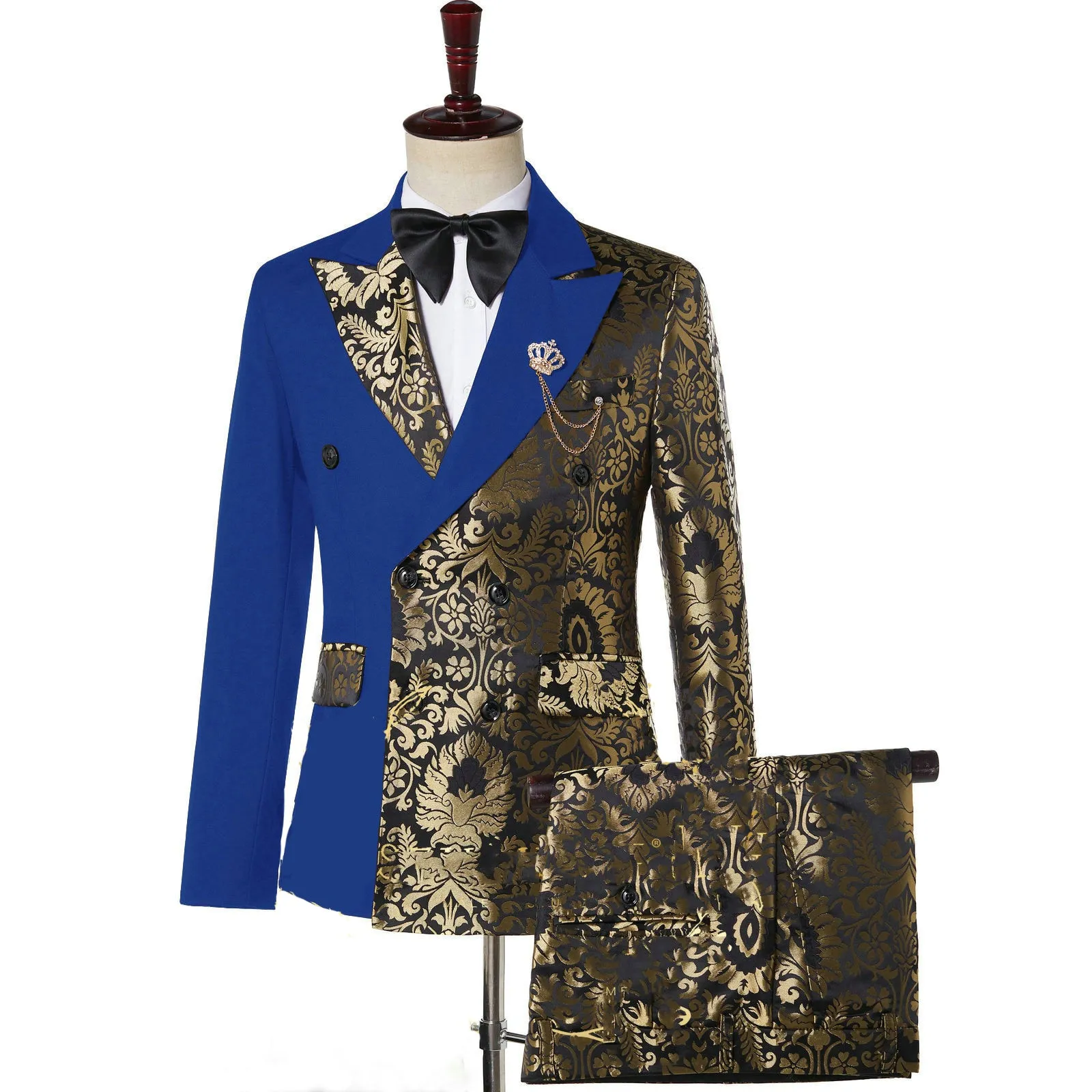 Stephen Double Breasted Gold Floral Jacquard Slim Fit Mens Suits
