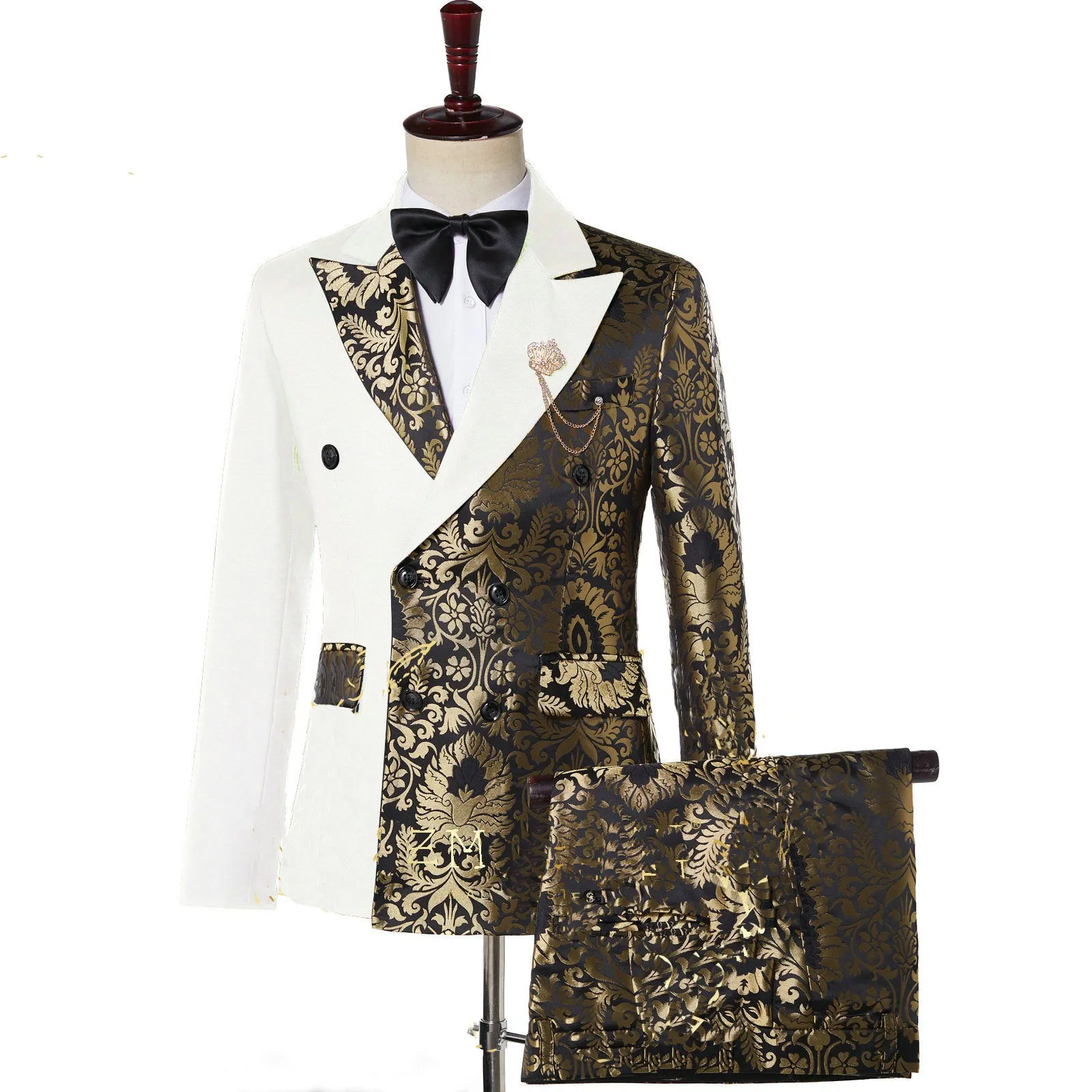 Stephen Double Breasted Gold Floral Jacquard Slim Fit Mens Suits