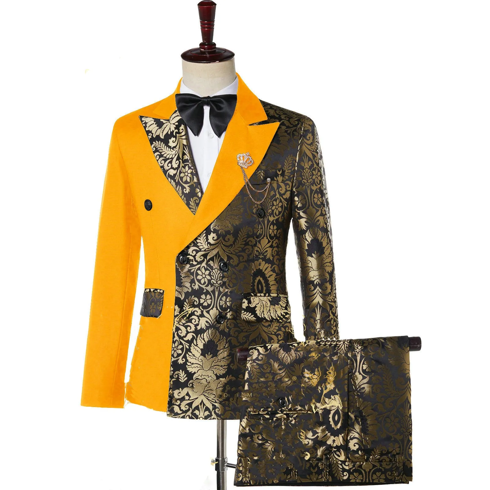 Stephen Double Breasted Gold Floral Jacquard Slim Fit Mens Suits