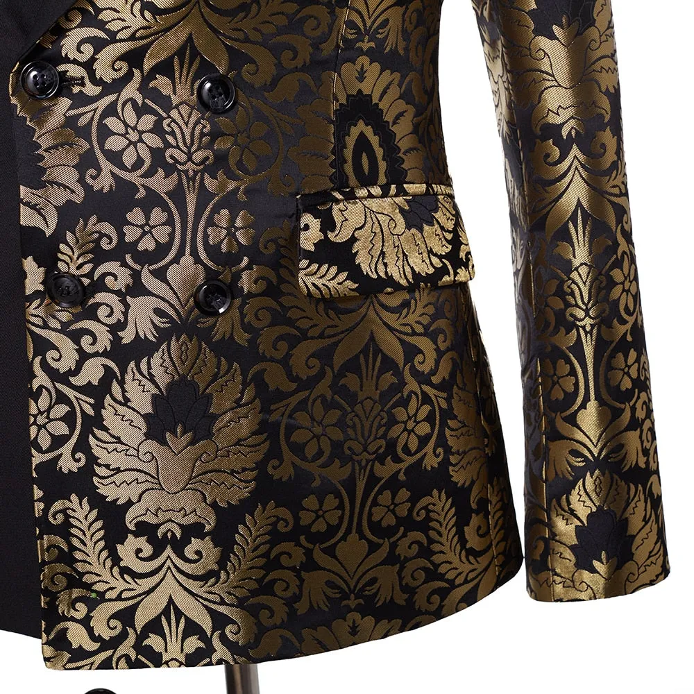 Stephen Double Breasted Gold Floral Jacquard Slim Fit Mens Suits