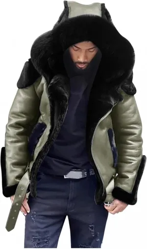 Stoota Mens Winter Warm Thick Faux Leather/Fur Slim Fit Cotton Padded Coat Long Jacket Parka Hooded Pea Coat Winter Coat