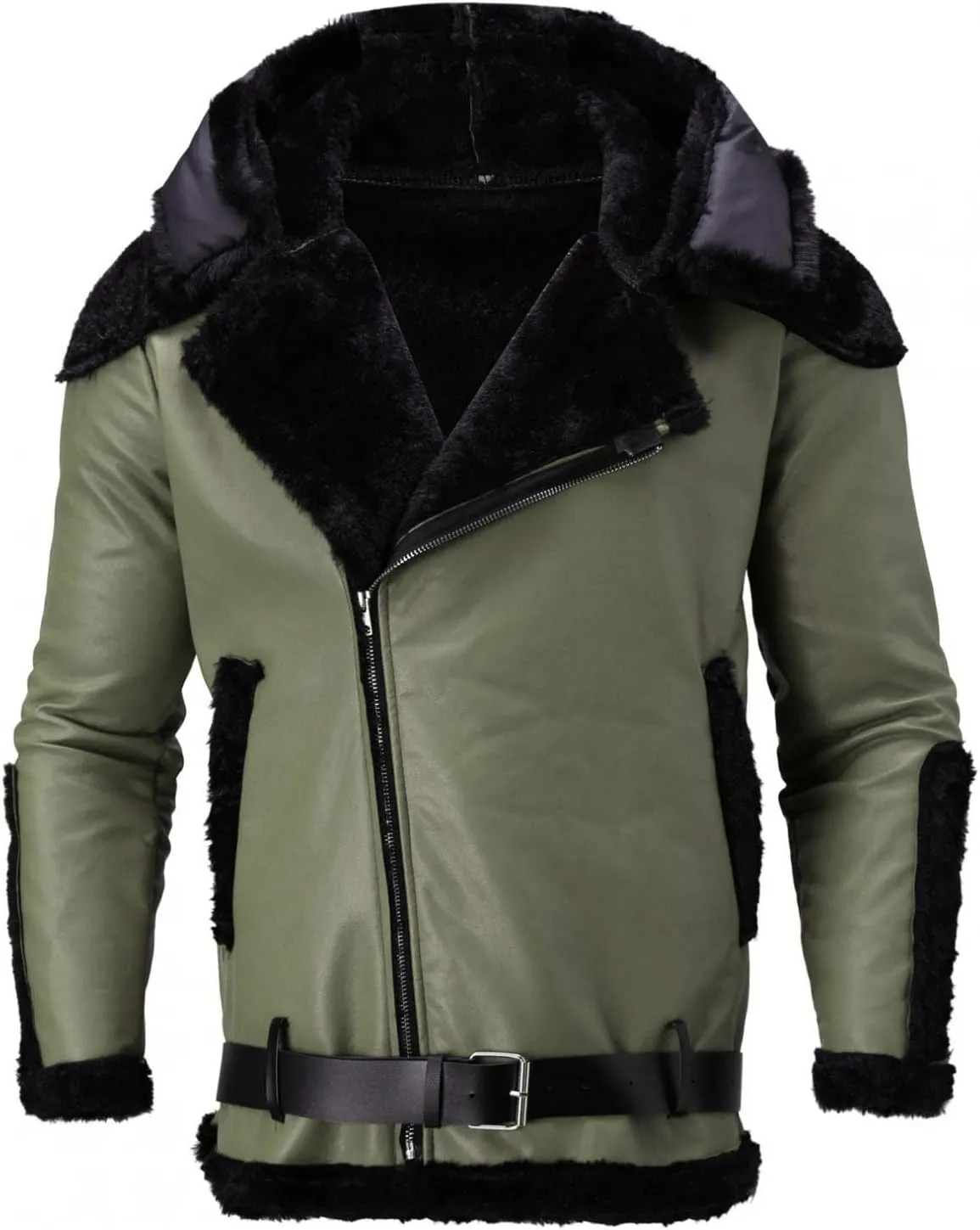 Stoota Mens Winter Warm Thick Faux Leather/Fur Slim Fit Cotton Padded Coat Long Jacket Parka Hooded Pea Coat Winter Coat