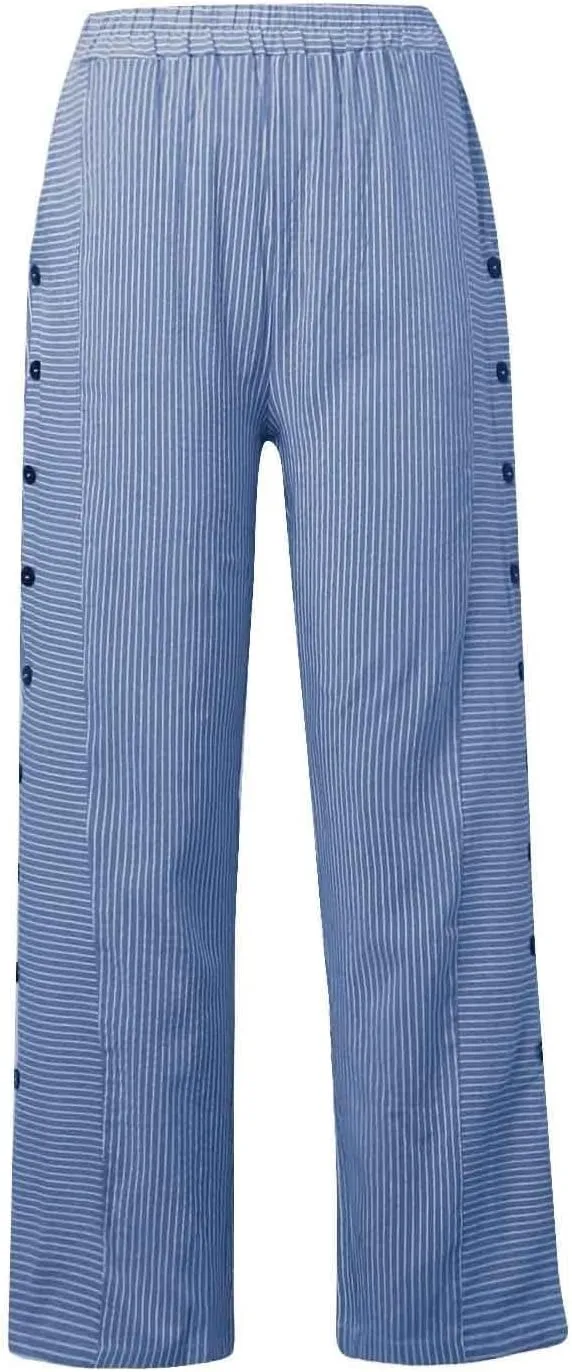 Striped Linen Pants Women Elastic Waist Casual Pants with Pockets Side Button Straight Leg Trousers Vacation Beach Pants
