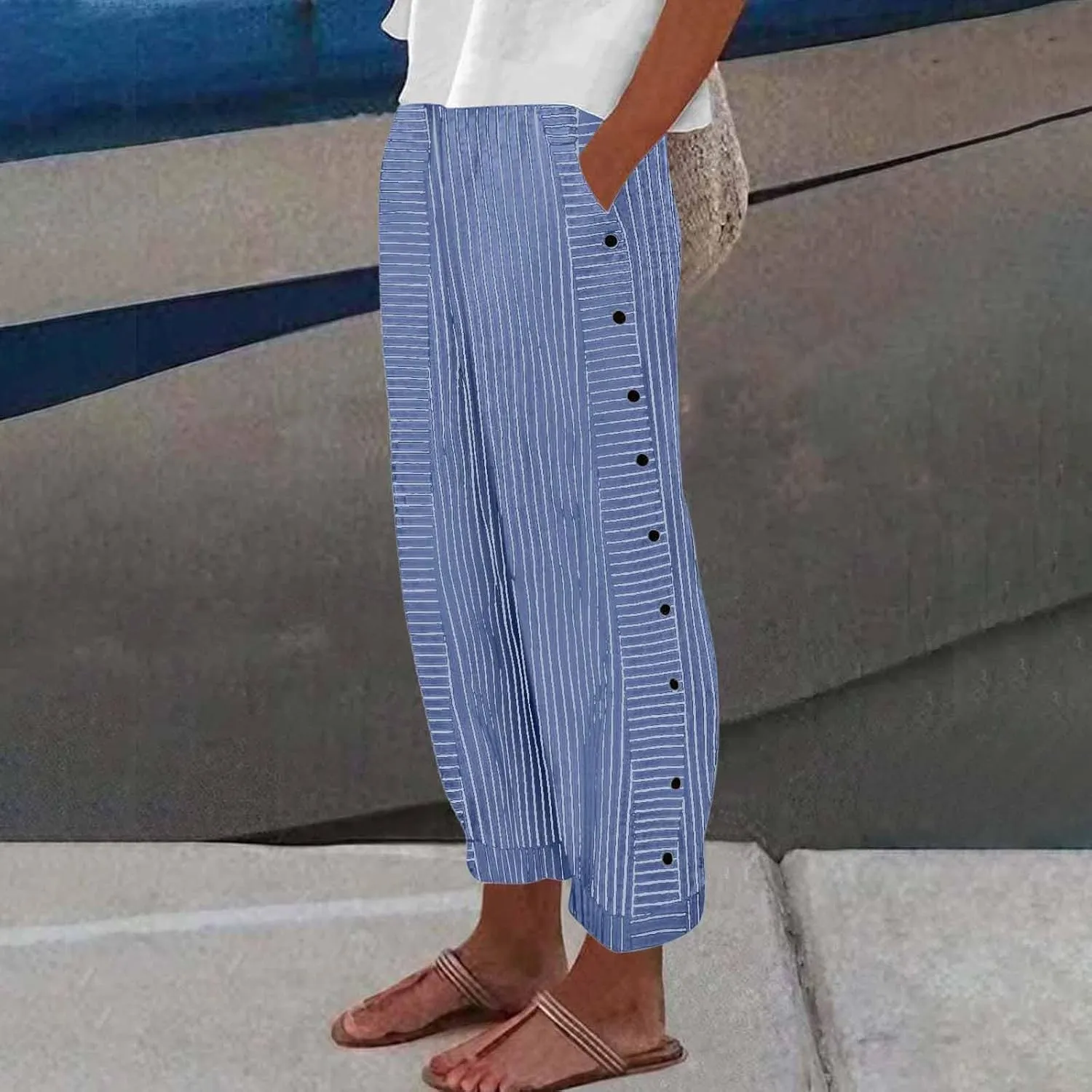 Striped Linen Pants Women Elastic Waist Casual Pants with Pockets Side Button Straight Leg Trousers Vacation Beach Pants