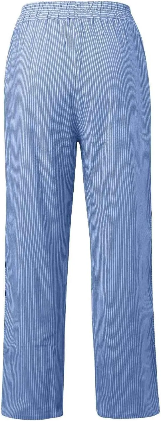 Striped Linen Pants Women Elastic Waist Casual Pants with Pockets Side Button Straight Leg Trousers Vacation Beach Pants