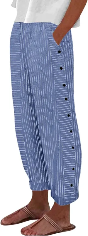 Striped Linen Pants Women Elastic Waist Casual Pants with Pockets Side Button Straight Leg Trousers Vacation Beach Pants