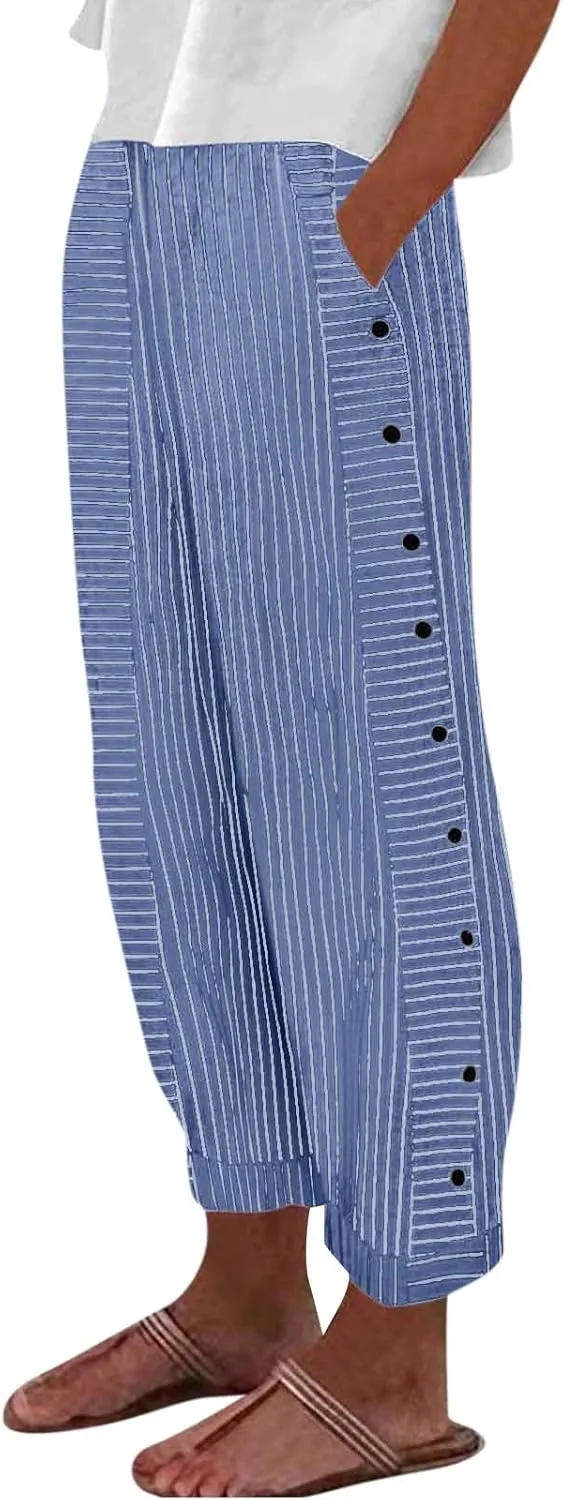 Striped Linen Pants Women Elastic Waist Casual Pants with Pockets Side Button Straight Leg Trousers Vacation Beach Pants