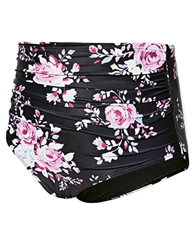 Stylish High Waisted Bikini Bottom Shirred Tankinis Brief-Black And Pink Floral