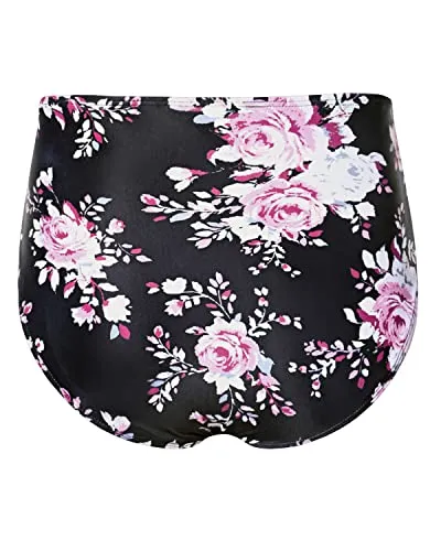 Stylish High Waisted Bikini Bottom Shirred Tankinis Brief-Black And Pink Floral