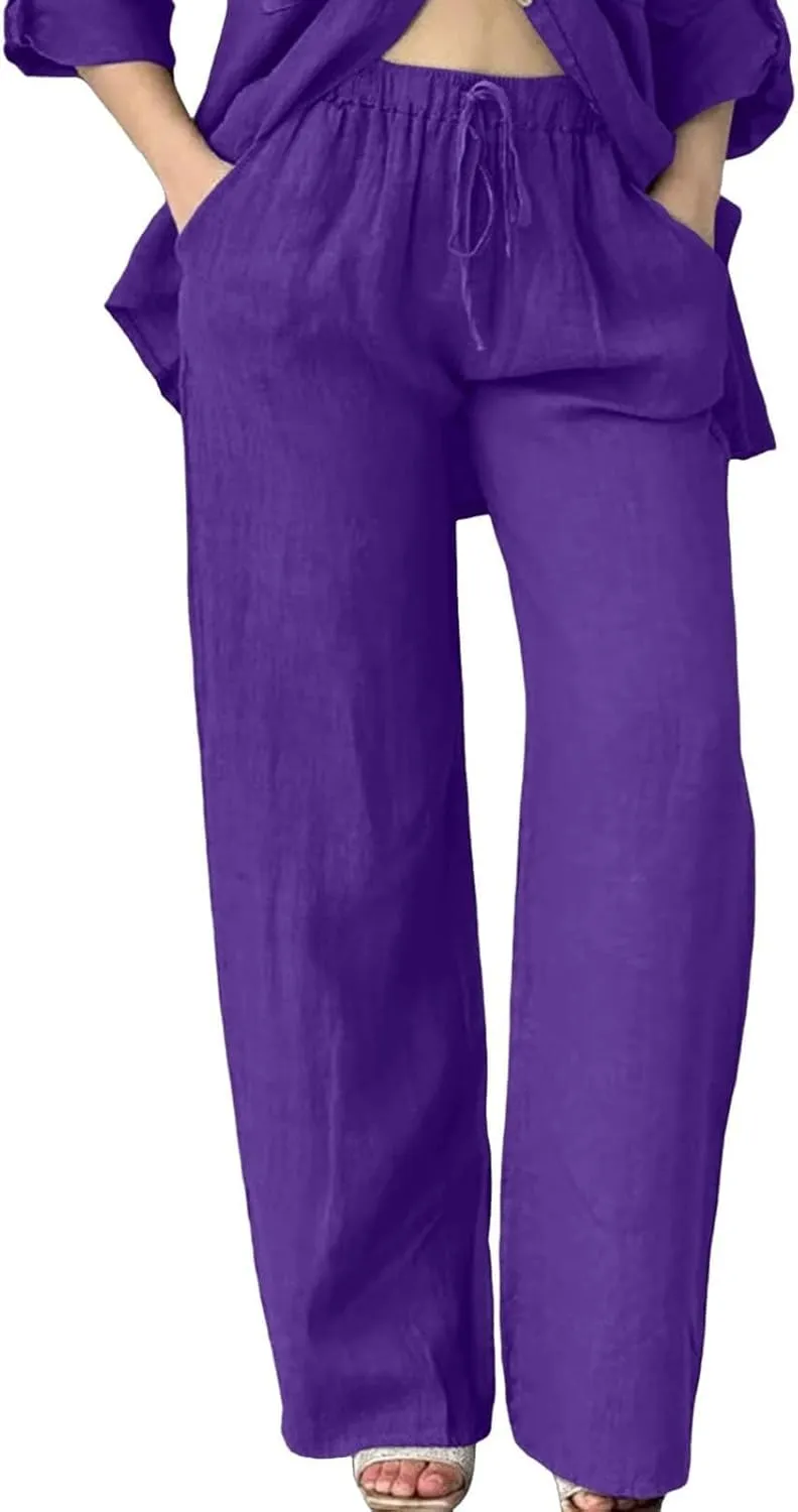 Summer Casual Trousers Pants for Women Flowy Straight Leg Cotton Linen Pants with Pockets Loose Fit Fashion Outfits